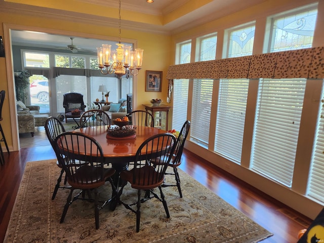 dining area with crown molding, plenty of natural light, a tray ceiling, and dark wood-type flooring