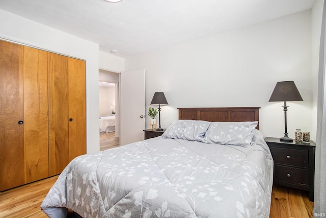 bedroom featuring light hardwood / wood-style floors and a closet