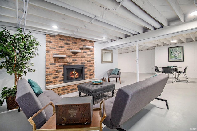 living room with a fireplace