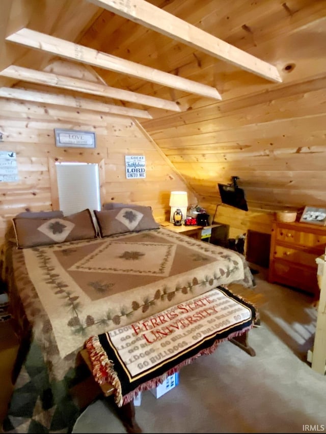 bedroom featuring wood ceiling, carpet flooring, lofted ceiling with beams, and wood walls