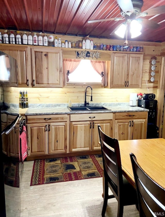 kitchen with light stone countertops, sink, and ceiling fan