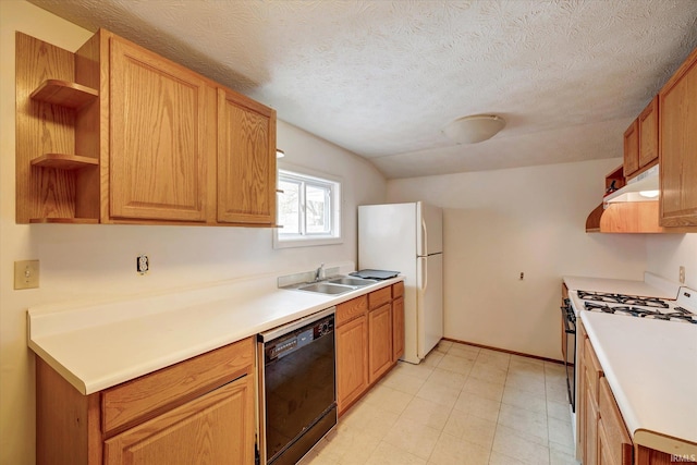 kitchen featuring lofted ceiling, sink, black dishwasher, range with gas stovetop, and a textured ceiling