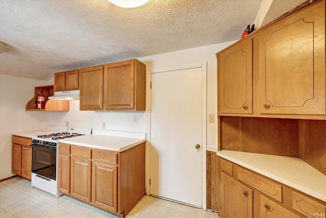 kitchen with gas range gas stove and a textured ceiling