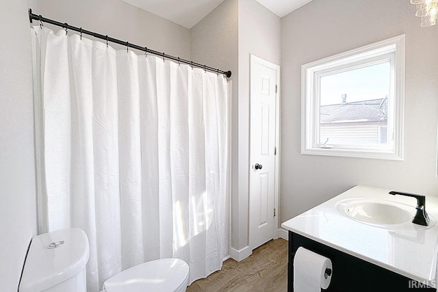 bathroom with vanity, hardwood / wood-style flooring, and toilet