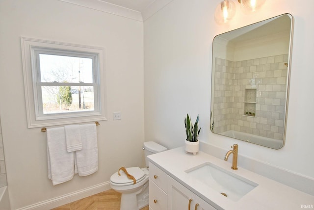 full bathroom featuring shower / bath combination, vanity, ornamental molding, parquet floors, and toilet