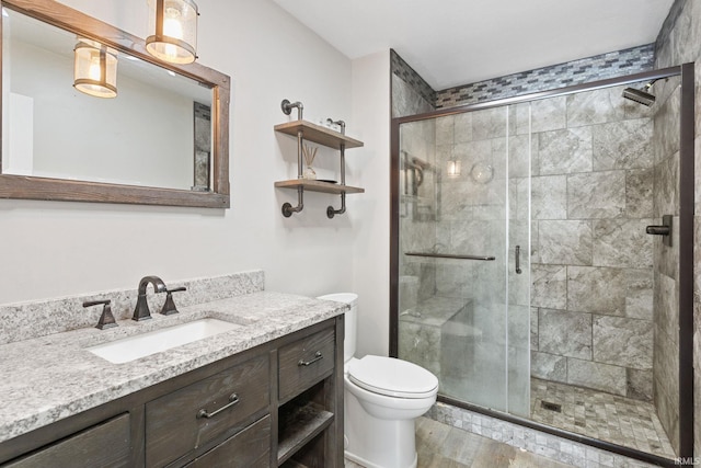 bathroom with an enclosed shower, vanity, wood-type flooring, and toilet