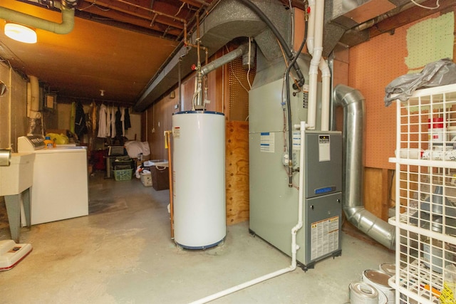 utilities featuring water heater, washer and dryer, and heating unit