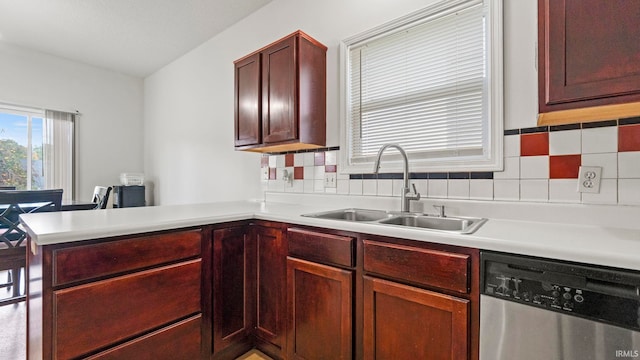 kitchen with sink, stainless steel dishwasher, backsplash, and kitchen peninsula