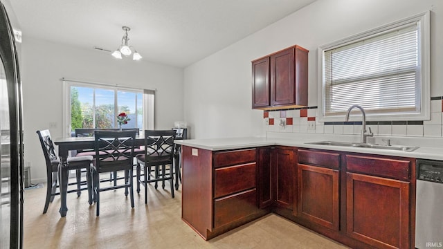 kitchen featuring sink, decorative backsplash, stainless steel dishwasher, and kitchen peninsula