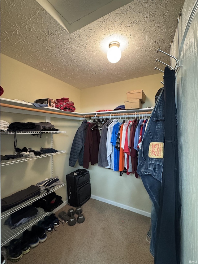 walk in closet with carpet