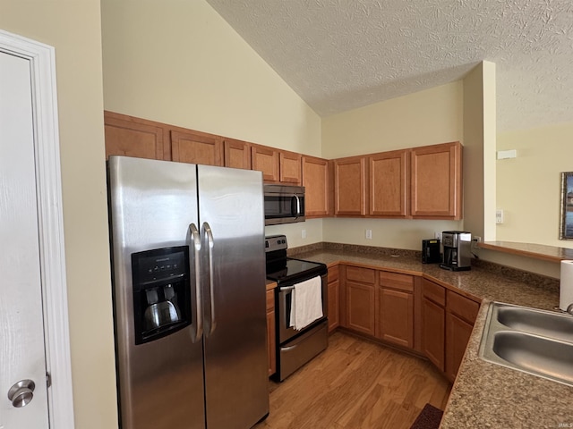 kitchen featuring sink, high vaulted ceiling, light hardwood / wood-style flooring, a textured ceiling, and appliances with stainless steel finishes