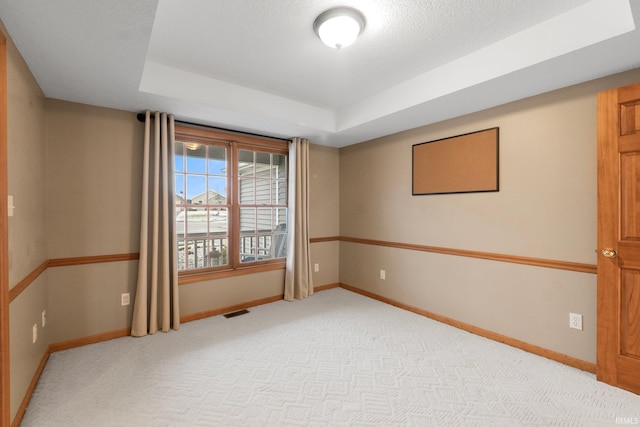 carpeted empty room with a raised ceiling