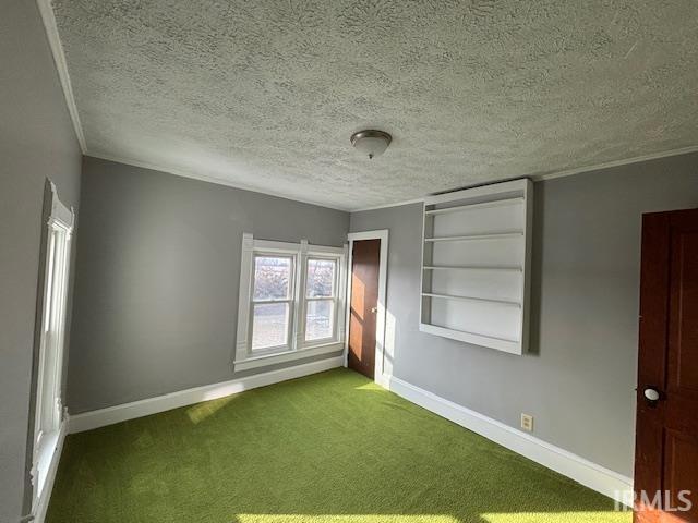 carpeted empty room with crown molding and a textured ceiling