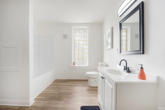 bathroom featuring vanity, wood-type flooring, and toilet