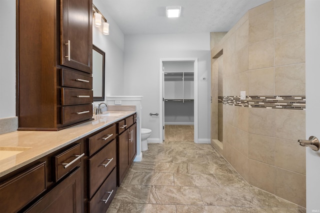 bathroom with vanity, a textured ceiling, and toilet