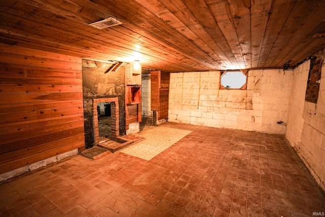 basement with wooden ceiling, a fireplace, and wood walls