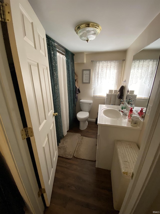 bathroom featuring vanity, hardwood / wood-style floors, and toilet