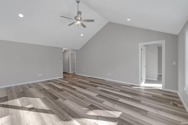 unfurnished living room with lofted ceiling, ceiling fan, and light hardwood / wood-style floors