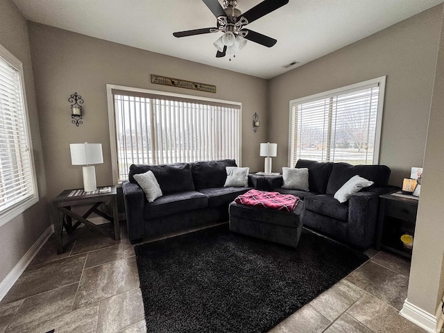 living room with ceiling fan