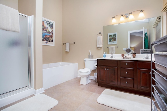 full bathroom with toilet, vanity, shower with separate bathtub, and tile patterned flooring