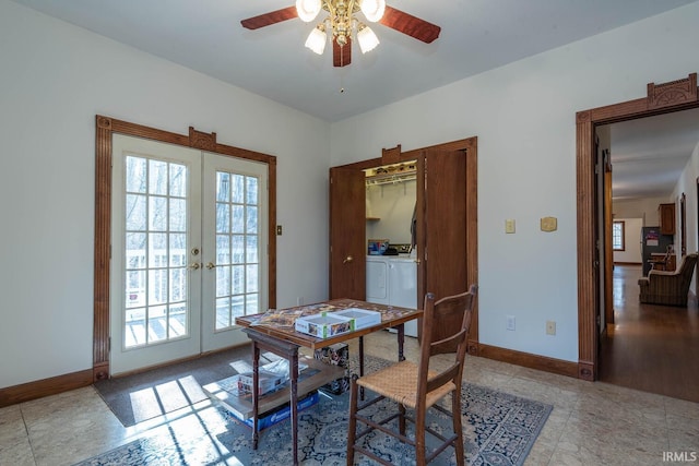 dining room featuring french doors, ceiling fan, and separate washer and dryer