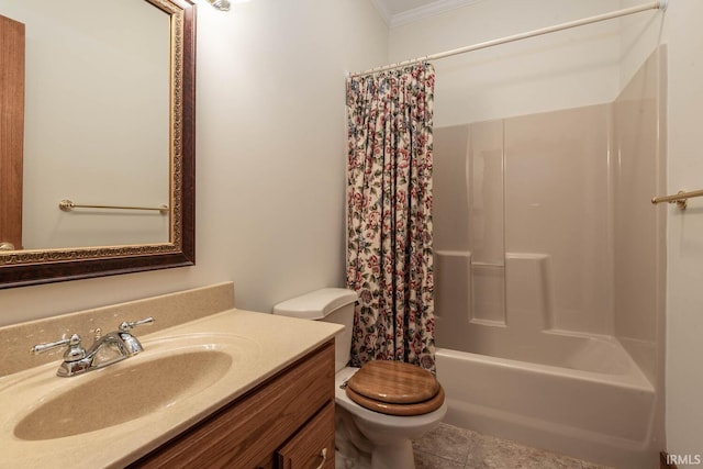 full bathroom with shower / bathtub combination with curtain, crown molding, tile patterned flooring, vanity, and toilet