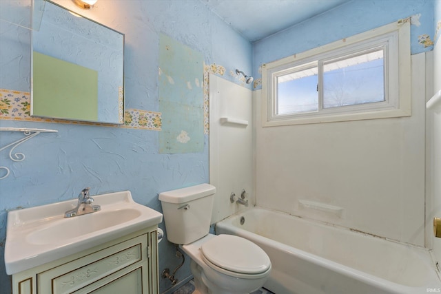 full bathroom featuring shower / washtub combination, toilet, and vanity