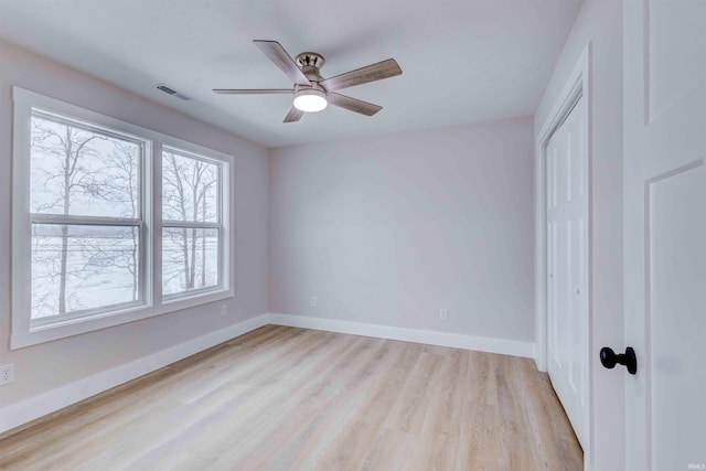 unfurnished bedroom featuring a closet, ceiling fan, and light hardwood / wood-style floors