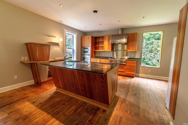 kitchen featuring a healthy amount of sunlight, appliances with stainless steel finishes, wall chimney exhaust hood, and a center island with sink