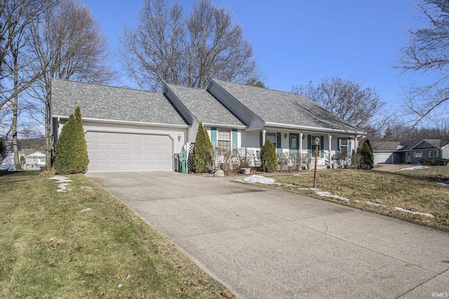 single story home with a garage, a front lawn, and a porch