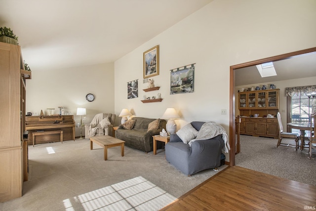 living room featuring a skylight and light hardwood / wood-style floors