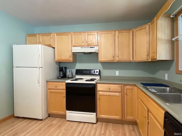 kitchen with sink, electric range oven, white fridge, black dishwasher, and light wood-type flooring