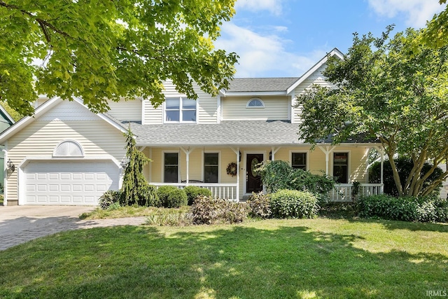 front of property with a porch, a garage, and a front lawn