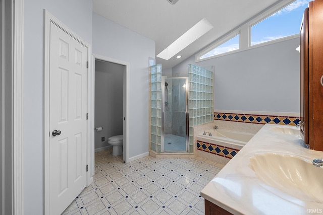 full bathroom featuring lofted ceiling, vanity, toilet, and separate shower and tub