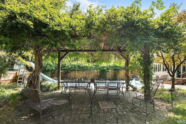 view of patio featuring a fenced in pool, a pergola, and a playground