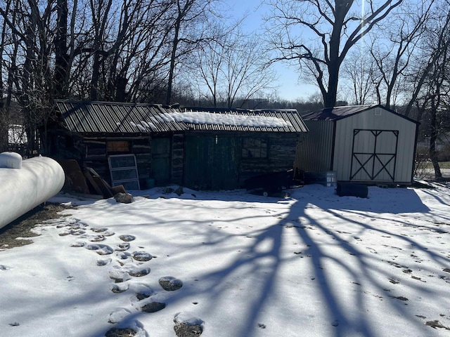 yard covered in snow with a shed