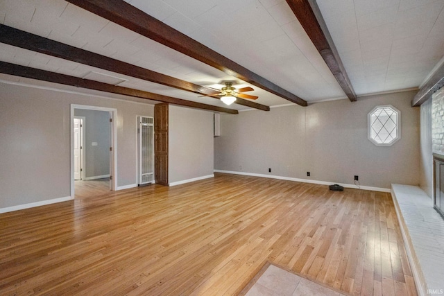 unfurnished living room featuring beamed ceiling, ceiling fan, and light wood-type flooring