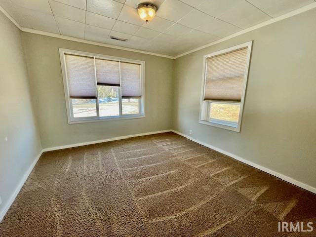 carpeted spare room featuring crown molding