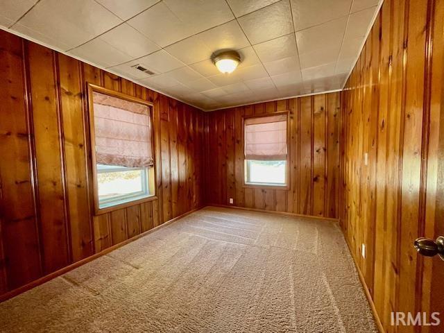 carpeted spare room featuring wooden walls