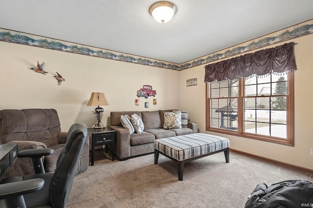 living room featuring carpet flooring and a textured ceiling