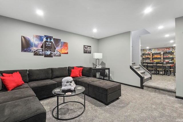 living room featuring light colored carpet