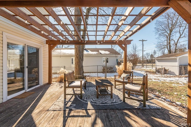 wooden terrace featuring outdoor lounge area and a pergola