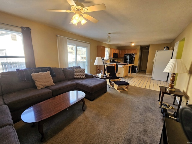 living room with plenty of natural light and ceiling fan