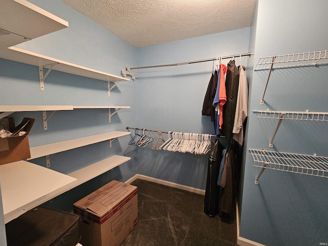 walk in closet featuring dark carpet