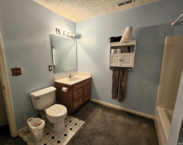 full bathroom featuring vanity, toilet, separate shower and tub, and a textured ceiling