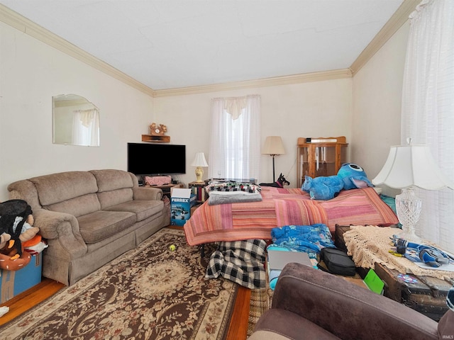 living room with crown molding and hardwood / wood-style flooring