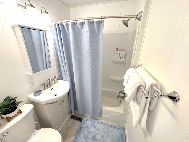 full bathroom featuring vanity, shower / bath combination with curtain, and toilet