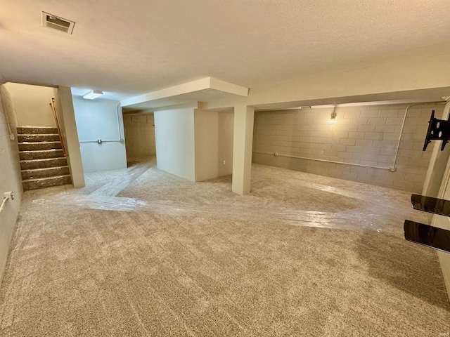 basement featuring carpet floors and a textured ceiling