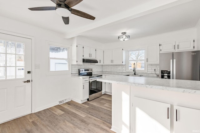 kitchen featuring stainless steel appliances, a wealth of natural light, sink, and white cabinets