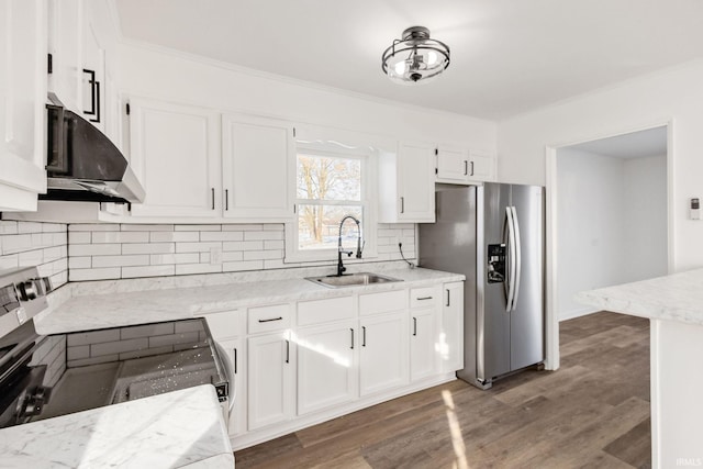 kitchen featuring sink, dark hardwood / wood-style flooring, stainless steel appliances, light stone countertops, and white cabinets